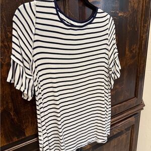 Navy and White Striped Ruffle Sleeve Top